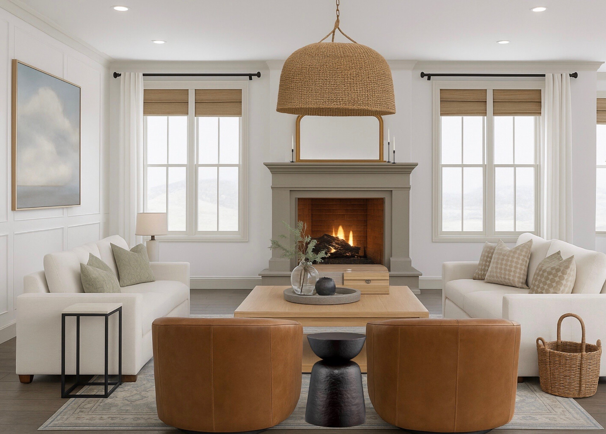 ✨ Warm + Textured Living Room ✨
This modern transitional living room is styled with cozy layers and timeless details. The gray fireplace with three black candlesticks anchors the room, while the woven pendant light and natural Roman shades bring in texture. I paired two white sofas with woven ottomans for casual seating around a square natural wood coffee table. The molded wall paneling and oversized artwork add elegance, giving the space a perfect balance of modern classic charm and organic warmth.

I’ve linked everything you see—from the sofas, ottomans, and coffee table to the pendant light, fireplace décor, and artwork—so you can recreate this inviting look in your own home.

#LTKhome #LTKlivingroom #modernclassic #transitionalstyle #neutraldecor #whitecouch #wovenottomans #squarecoffeetable #fireplacedecor #candlesticks #wovenpendantlight #neutralhome #porcheandco

#LTKHome #LTKStyleTip #LTKFamily