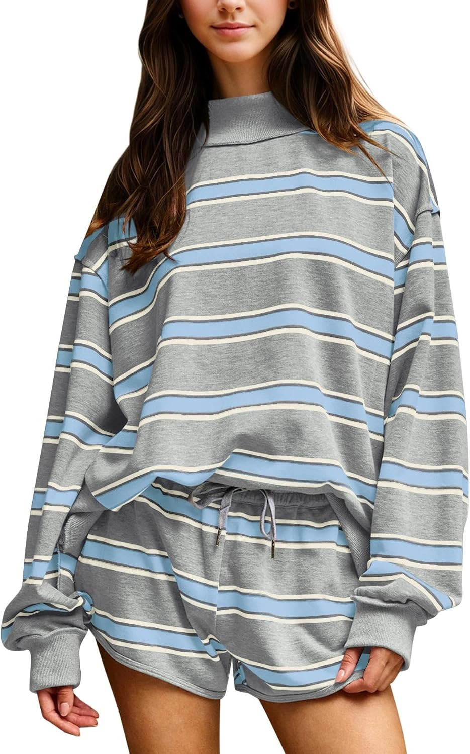 calbatic Women Striped Mock Neck Sweatshirt 2 Piece Outfits Oversized Pullover Elastic Waist Shorts Set Fall Lounge Set | Amazon (US)