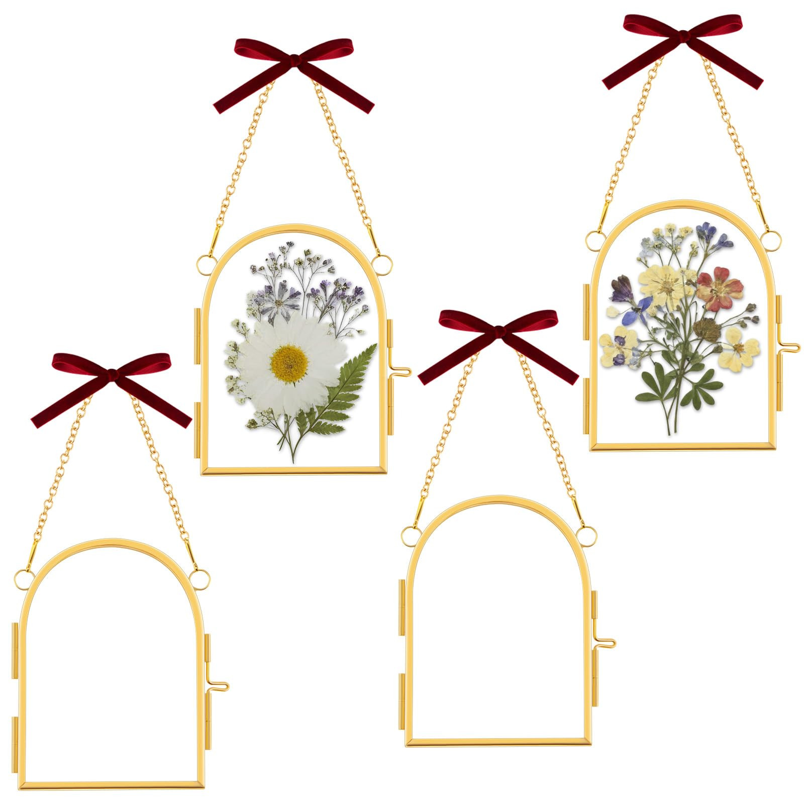 4 Set Glass Pressed Flower Frames 2.5x 3.5 Inch Double Glass Hanging Photo Frames with Locket and Red Velvet Ribbon Arch Brass Vintage Gold Wall Decor for Pressed Dried Flowers Plants Home | Amazon (US)