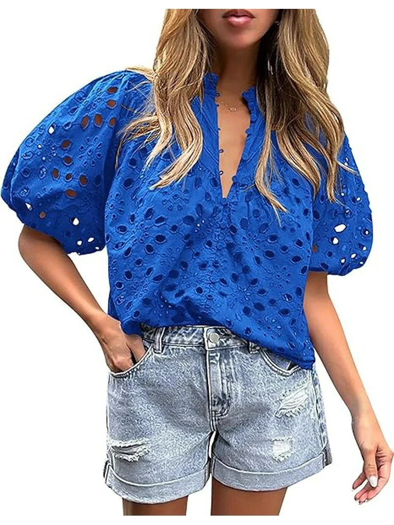 PRETTYGARDEN Women's Summer Tops Dressy Casual Short Lantern Sleeve V Neck Buttons Hollow Out Lac... | Walmart (US)