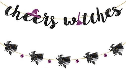 Halloween Garland Kit Black Purple Cheers Witches Garland and Flying Witches with 3D Tulle Cloak ... | Amazon (US)