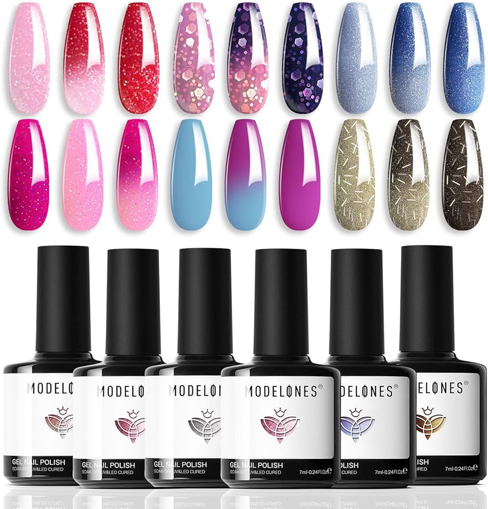 MODELONES Mood Gel Nail Polish Set Temperature Color Changing Gel Colors Collection Red Blue Glitter Gel Polish Soak Off 6 Colors Christmas Gifts New Year Holiday Salon DIY at Home | Amazon (US)