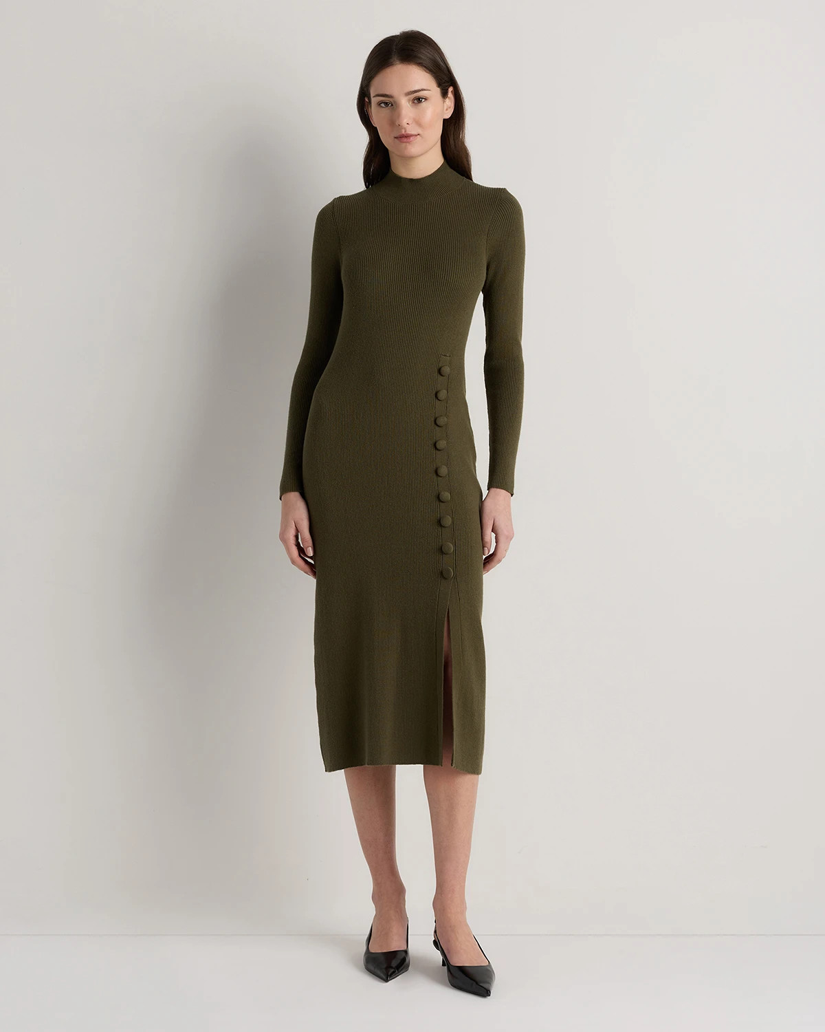 Quince | Women's Cotton Cashmere Side Slit Midi Dress in Olive, Size Large | Quince