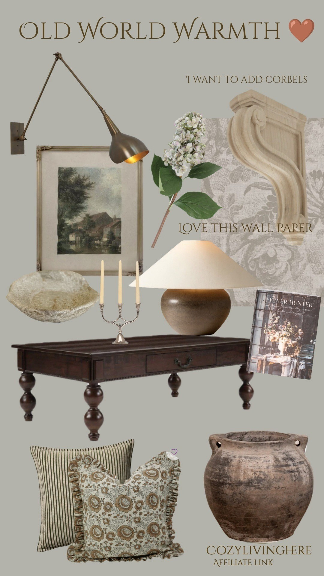 Layered wood tones, vintage art, warm brass lighting, and soft florals — this look is all about timeless charm with cozy character. The mix of antique-inspired details and rich neutrals makes it feel collected, not decorated.Everything is linked for you in my LTK 🤍 #LTKhome 

#LTKHome #LTKU