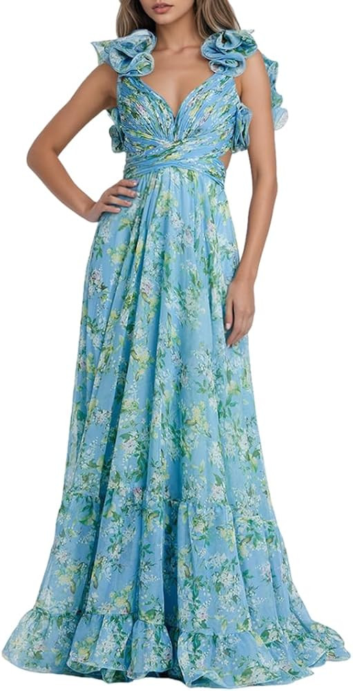 SHSUREVE Chiffon Ruffle Prom Dresses Long for Women A Line Bridesmaid Dresses Tiered Backless For... | Amazon (US)