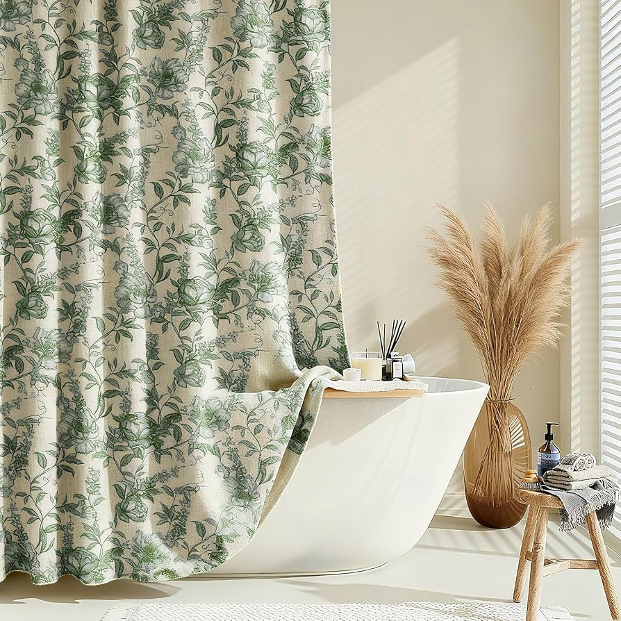 Farmhouse Sage Green Floral Shower Curtain with 12 Clear Rings 72"W x 72"L | Amazon (US)