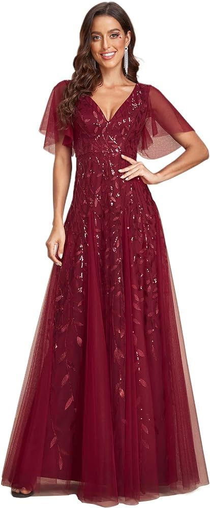 Ever-Pretty Women's Sequin Embroidery V-Neck Short Sleeve Maxi Evening Dress Prom Gowns 0734-USA ... | Amazon (US)