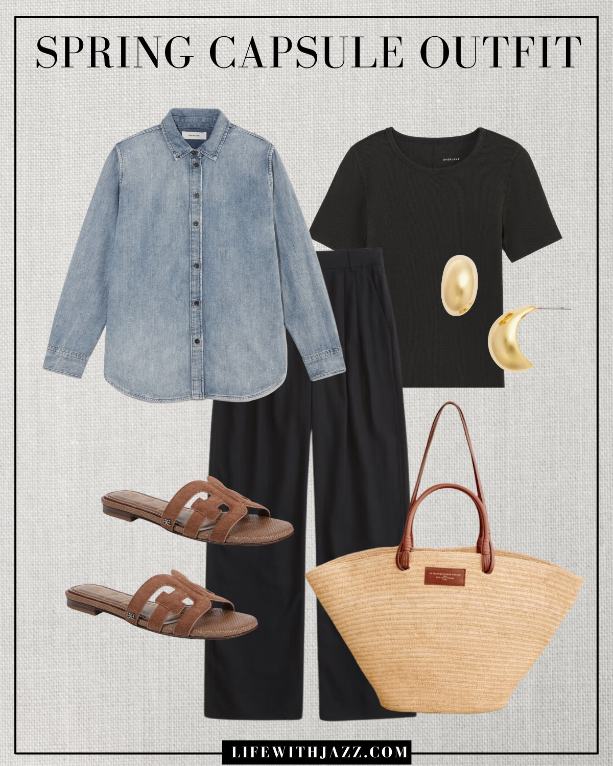 Spring capsule outfit 

Spring capsule / capsule wardrobe / spring style /classic style/ relaxed pull on pants /denim shirt / black tee / casual sandals / straw tote / gold earrings  / sc25 

#LTKSeasonal #LTKStyleTip