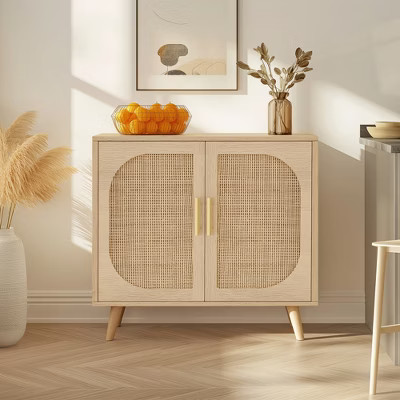 31.5"W Elegant Rattan Storage Cabinet with 4 Compartments, 2-Door Buffet Sideboard with Solid Wood Feet, Natural - ModernLuxe | Target