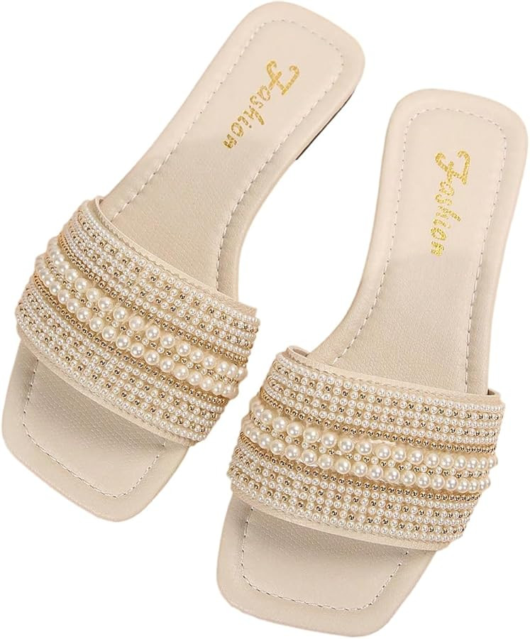 GORGLITTER Women's Pearl Summer Beach Sandals Square Open Toe Slip On Flat Slides | Amazon (US)