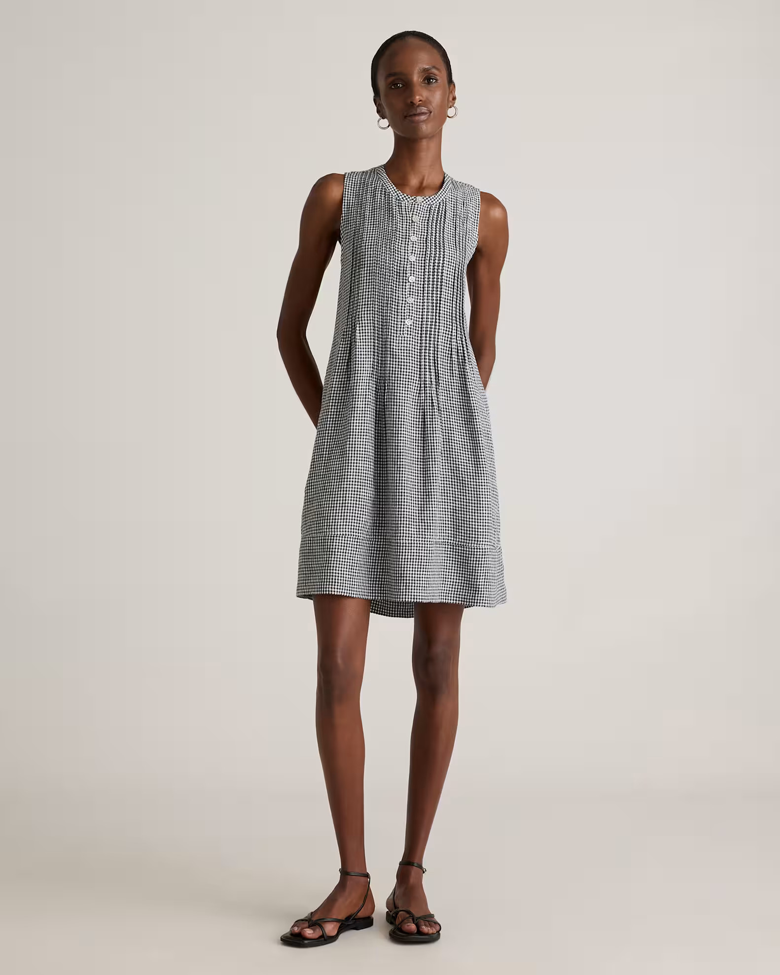 100% European Linen Sleeveless Swing Dress in Classic Mini Gingham | Quince