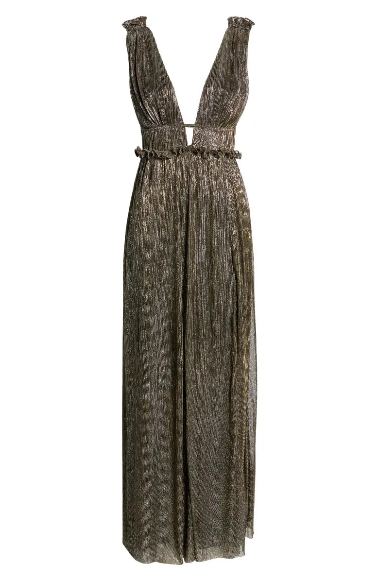 Spotlight On You Ruffle Trim Metallic Maxi Dress | Nordstrom