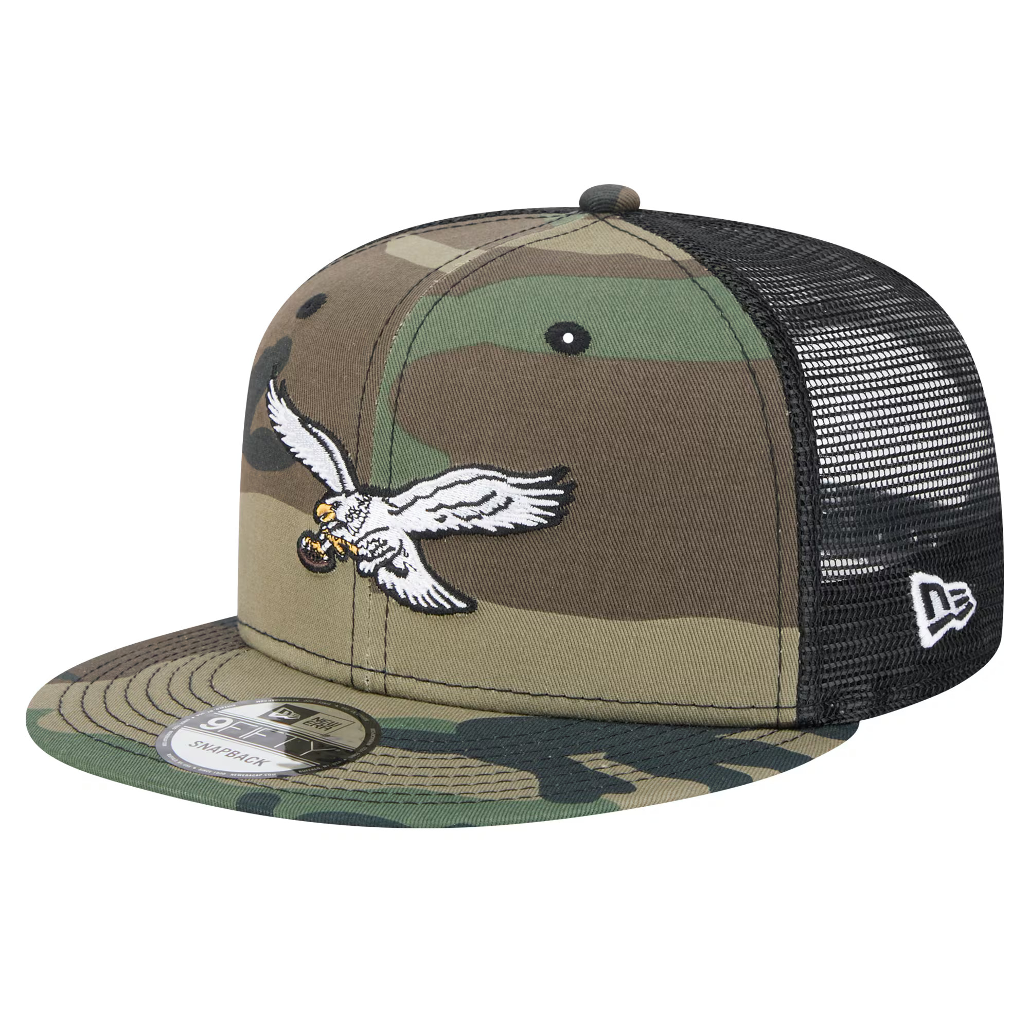 New Era Philadelphia Eagles Camo Throwback Main Trucker 9FIFTY Snapback Hat | Fanatics