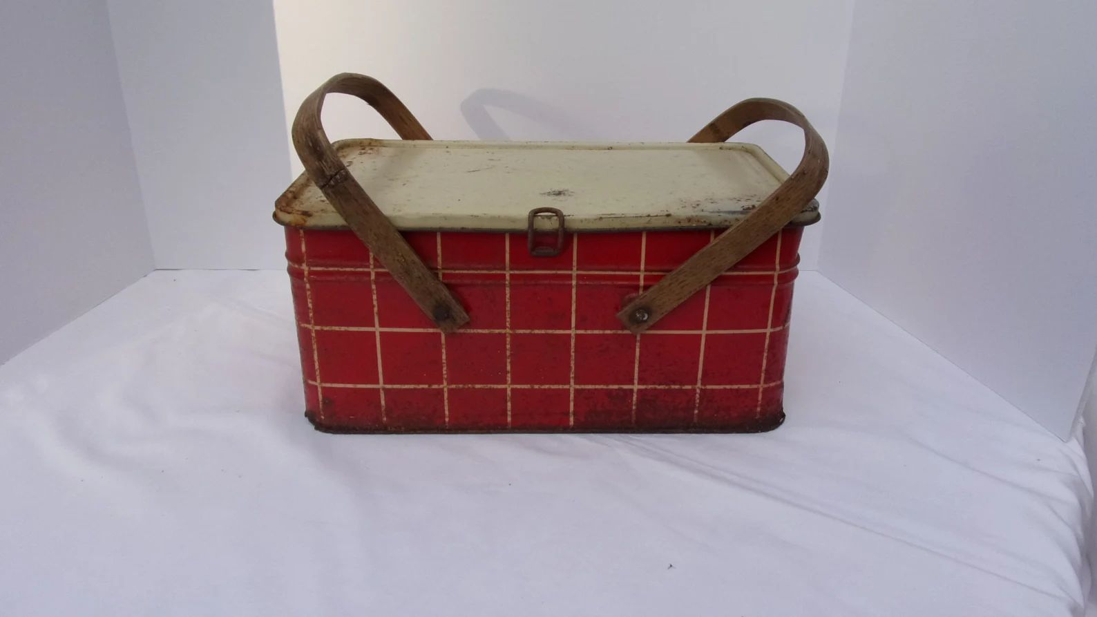 Picnic basket metal red white double handles Golden Cookies Watertown Mass shelf decor vintage st... | Etsy (US)