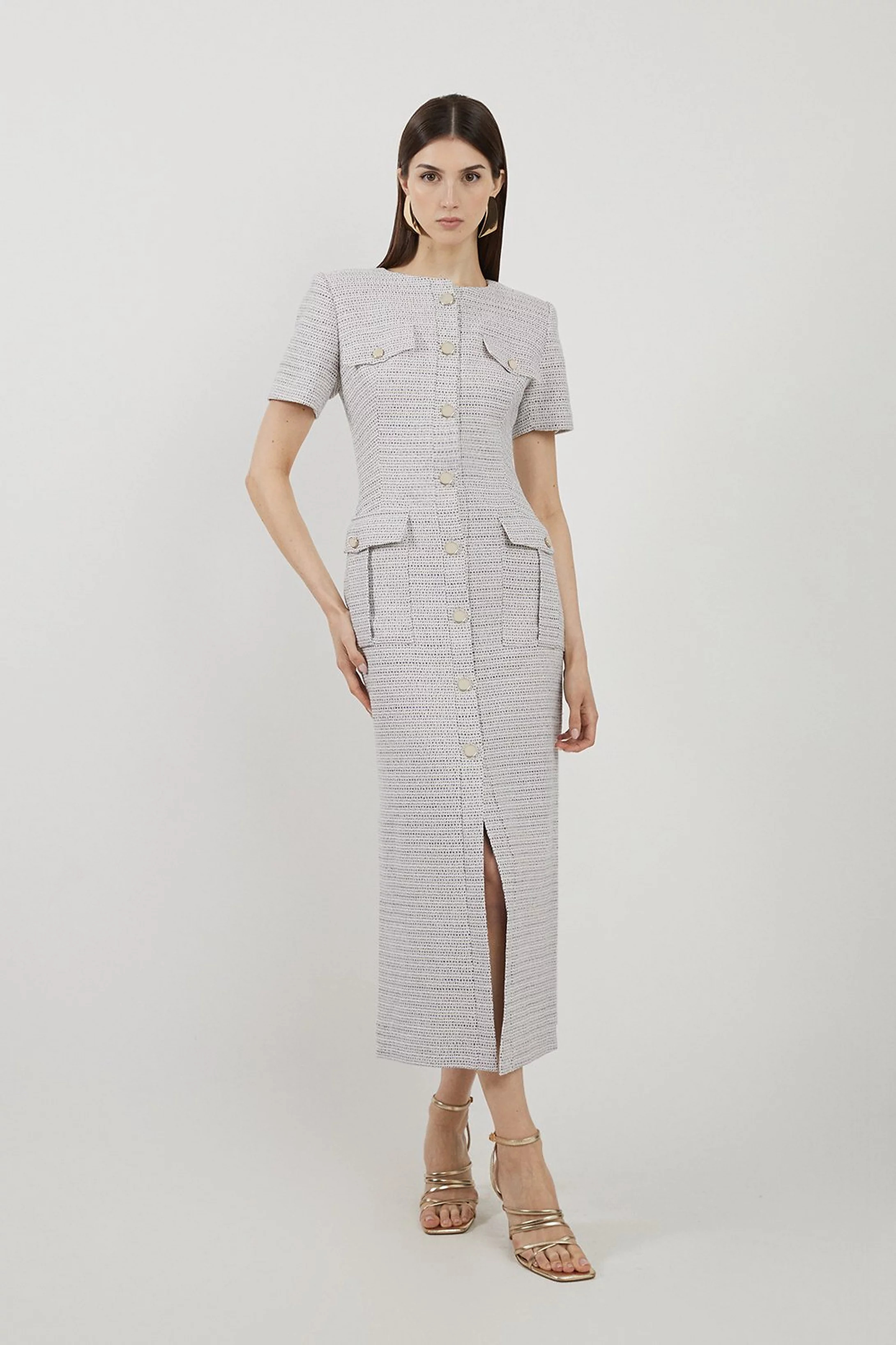 Boucle Pocket Detail Button Through Tailored Midi Dress | Karen Millen UK + IE + DE + NL
