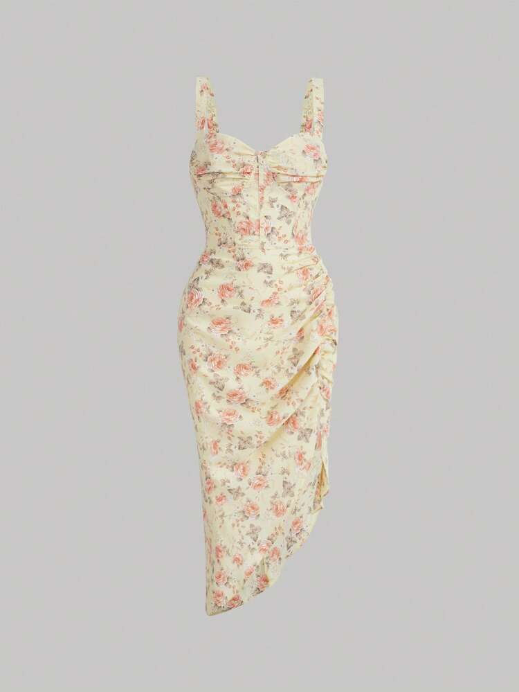 SHEIN MOD Allover Floral Print Ruched Asymmetrical Hem Cami Dress | SHEIN