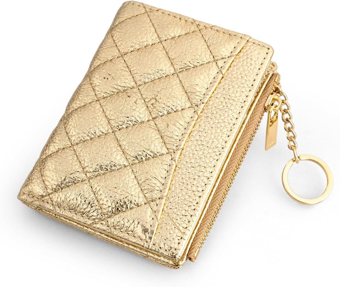 befen Genuine Leather Small RFID Bifold Wallet Women with Zipper Pocket Keychain Metallic Gold Wa... | Amazon (US)