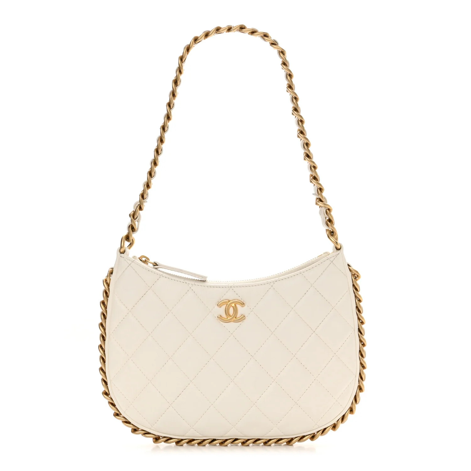 Shiny Crumpled Lambskin Quilted Chain Around Hobo White | FASHIONPHILE (US)