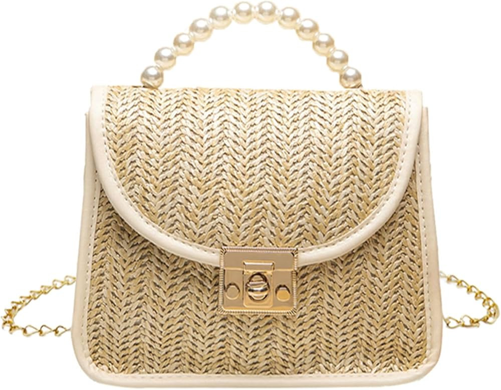 Straw Bag for Women, Summer Woven Crossbody Shoulder Bag Small Pearl Top Handle Handbag Flap Satc... | Amazon (US)