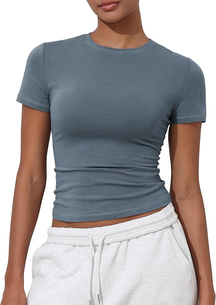 PrettyGuide Women's Cotton Crop Tops Short Sleeve Crewneck Basic Tee Tight Fit Y2K Baby Tee Cute ... | Amazon (US)