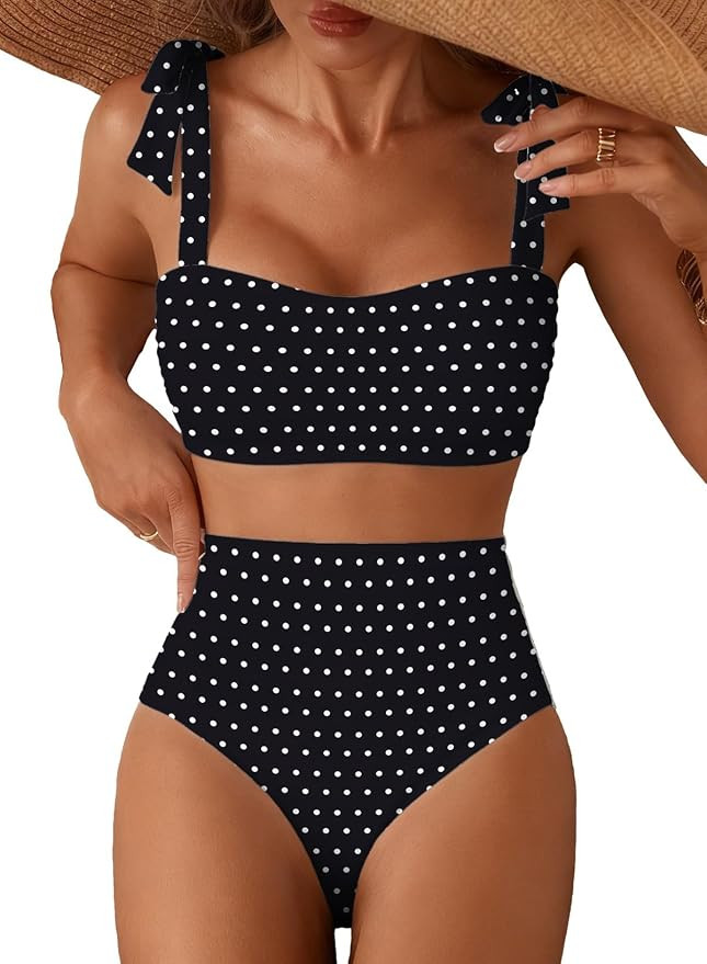 Women's Tie Shoulder Bikini Sets 2 Piece Striped Swimsuits High Waisted Bathing Suits | Amazon (US)