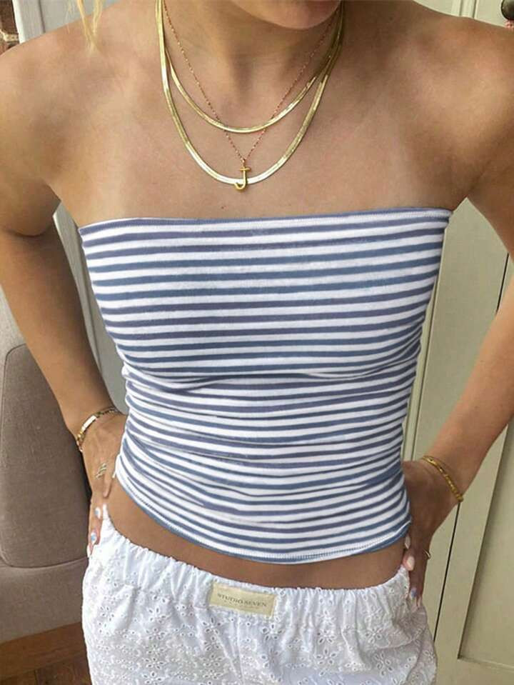 SHEIN EZwear Casual Color-Blocked Striped Slim Fit Cropped Tube Top For Summer | SHEIN USA | SHEIN