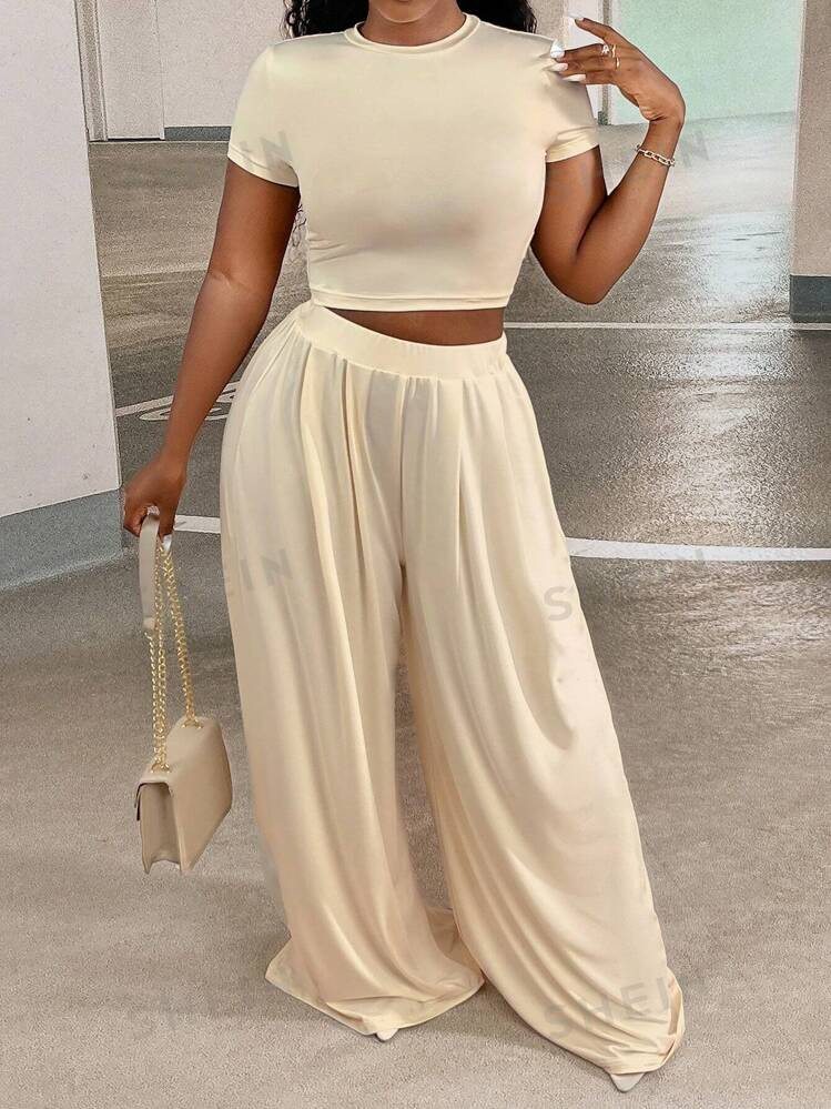SHEIN Slayr Casual Solid Crop Round Neck Short Sleeve Tee & Loose Wide Leg Pants Women's Two Piec... | SHEIN