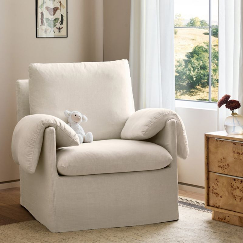 Piper Slipcovered Cream Nursery Glider Chair with Wood Base | Crate & Kids | Crate & Barrel