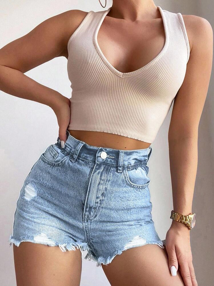 SHEIN Frenchy Women's Ripped Pocket Frayed Hem Casual Versatile Denim Shorts Summer | SHEIN