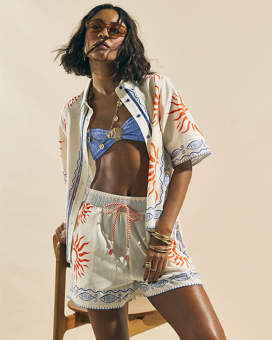 Cream Sun Print Shorts | River Island UK & IE