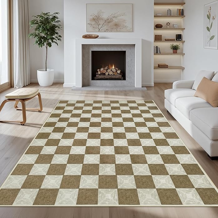 Washable Brown Checkered Rug 5X7, Non-Slip Low Pile Area Rug for Living Room, Bedroom, Nursery, M... | Amazon (US)