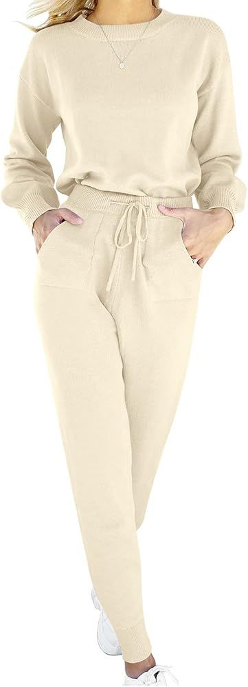 ANRABESS Women's Two Piece Outfits Sweater Sets Long Sleeve Pullover and Drawstring Pants Lounge Set | Amazon (US)