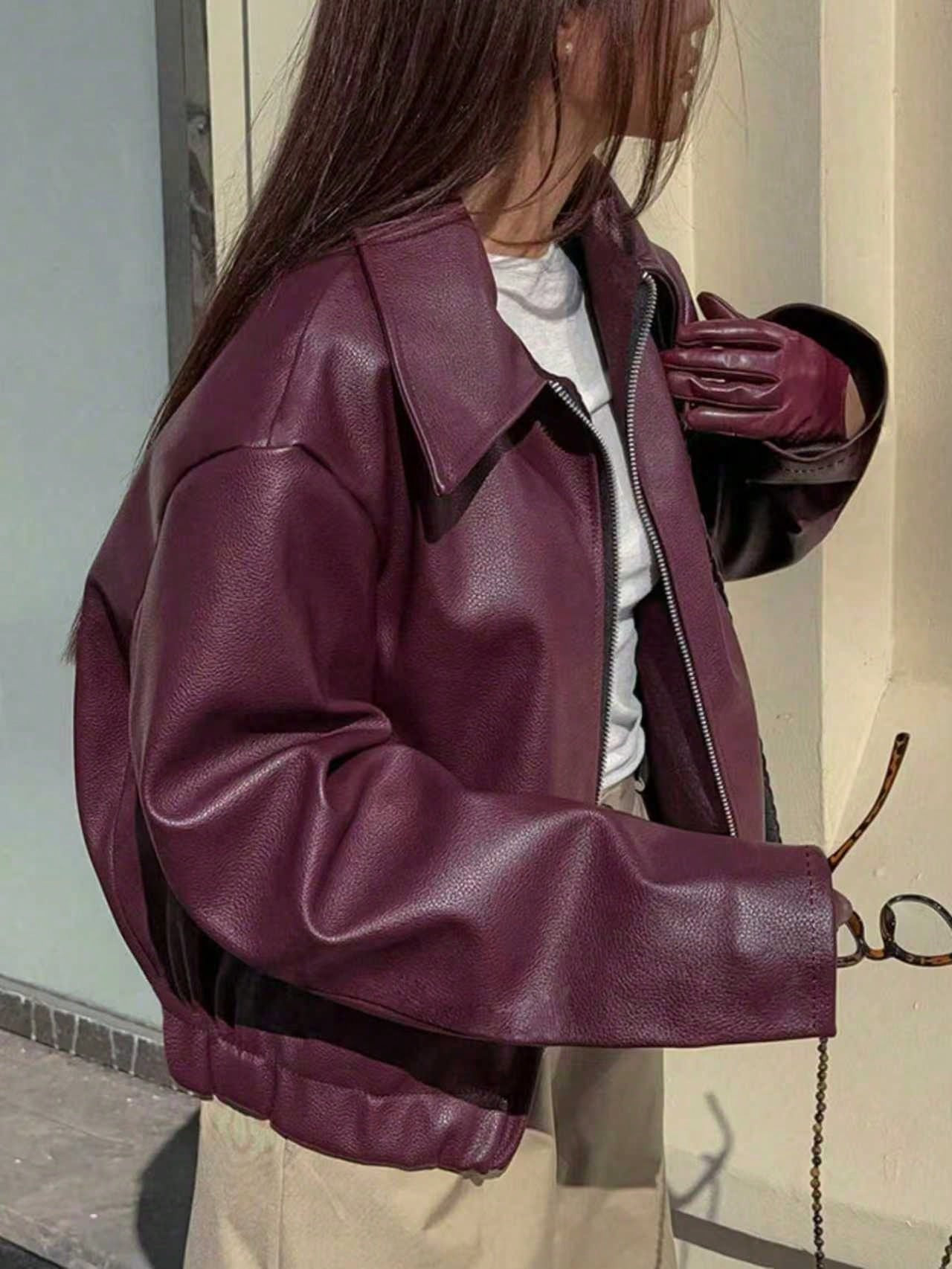 Women Solid Color Zipper Casual Versatile Long Sleeve Coat Brown Faux Leather Mottled Texture Bel... | SHEIN