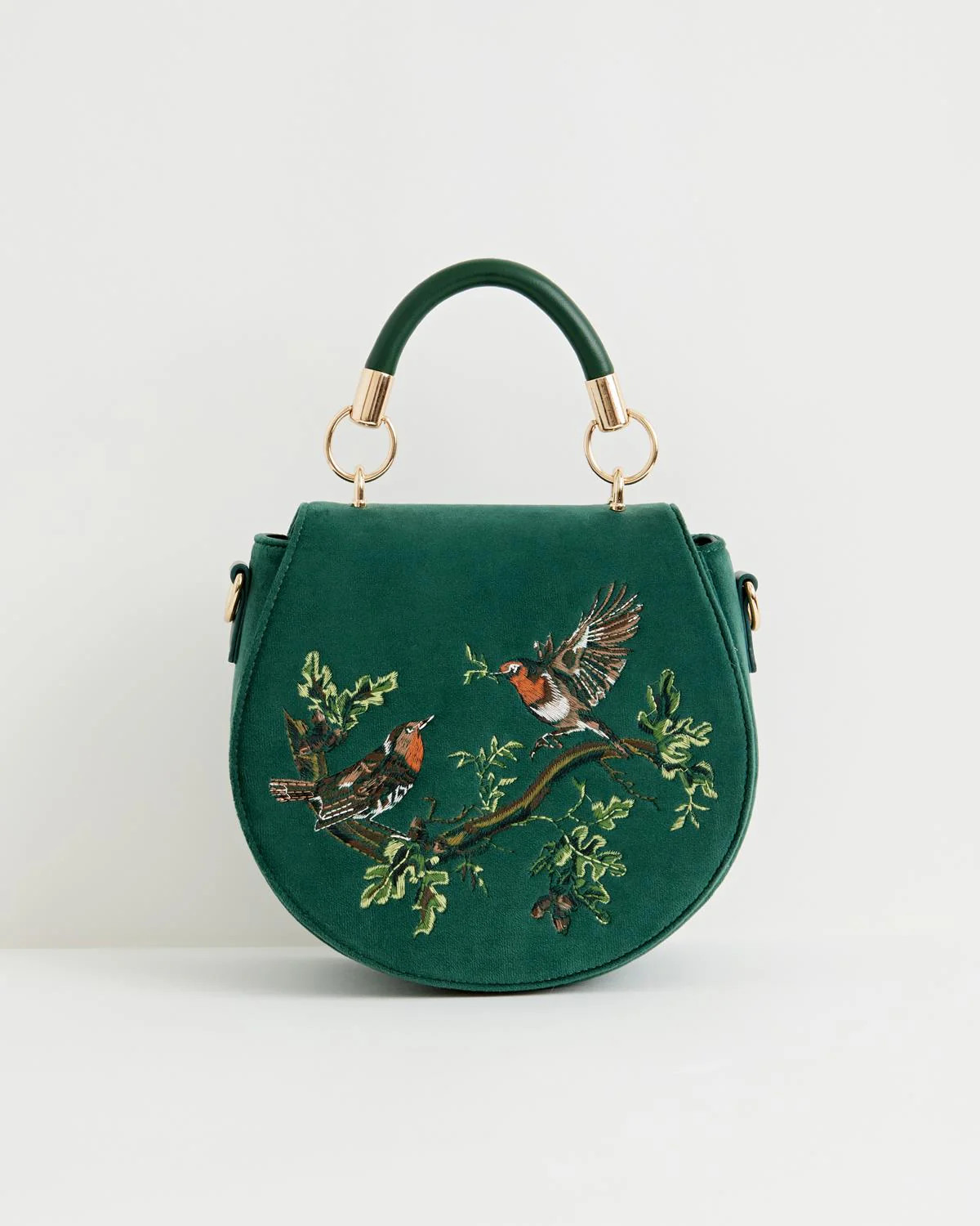 Robin Love Velvet Embroidered Saddle Bag - Fern Green | Fable England