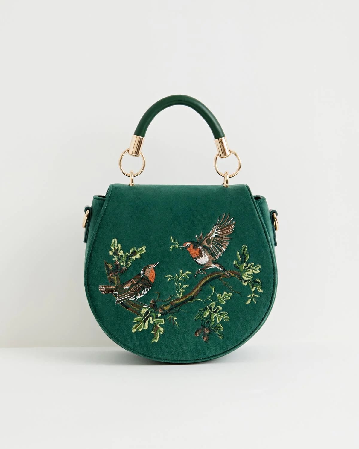 Robin Love Embroidered Saddle Bag Fern Green Velvet | Fable England