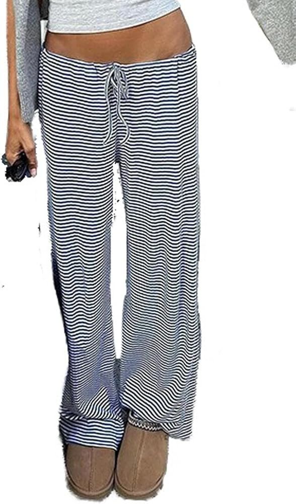 Women's Comfy Pajama Pants Loose Casual Drawstring Lounge Pants Striped Print Stretch Wide Leg Pa... | Amazon (US)