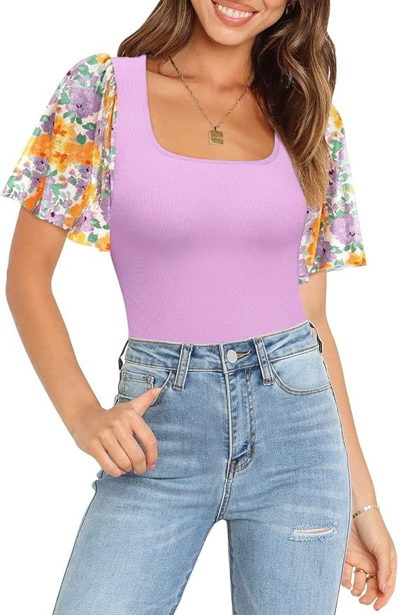 DOROSE Women's Floral Mesh Ruffle Sleeve Tops Square Neck Casual Summer Blouse T Shirts | Amazon (US)