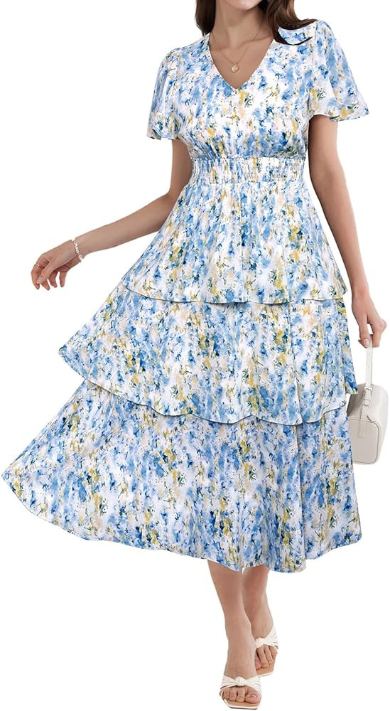 GRACE KARIN Women's 2024 Floral Summer Long Midi Dress V Neck Short Sleeve Ruffle Tiered Layered ... | Amazon (US)
