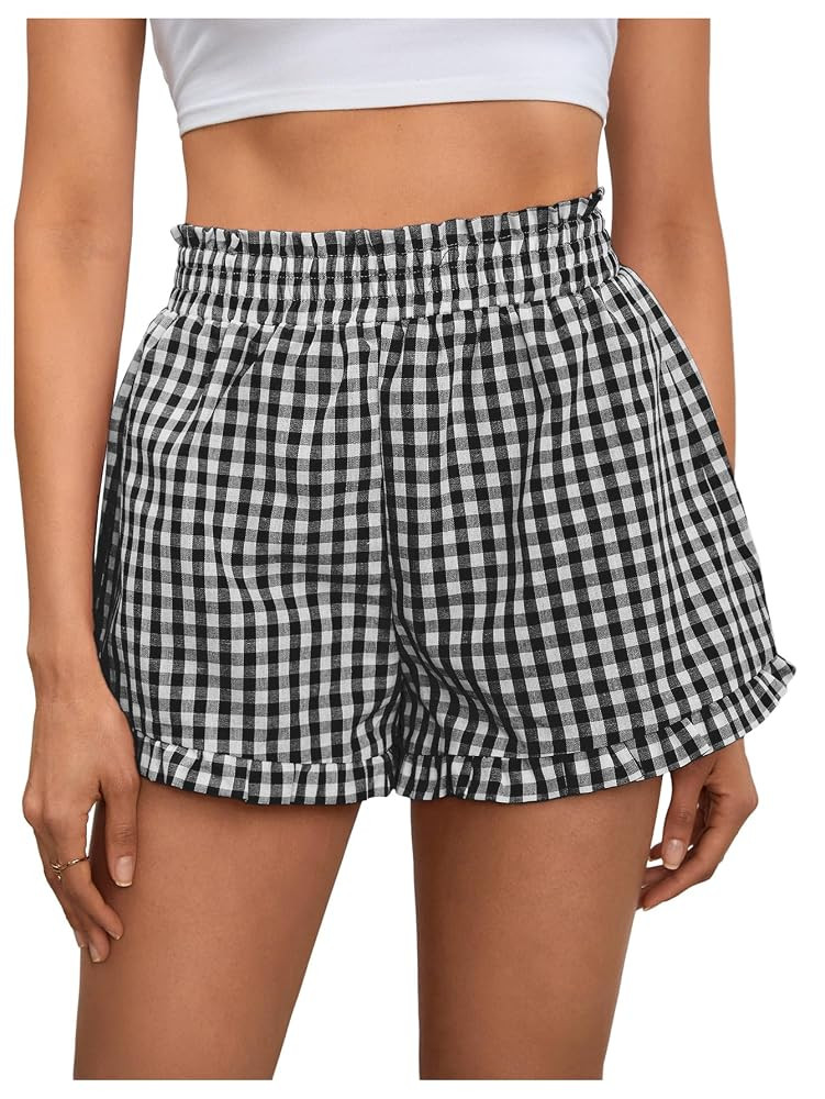 MakeMeChic Women's Gingham Ruffle Boxer Shorts Elastic High Waist Pajamas Lounge Shorts | Amazon (US)
