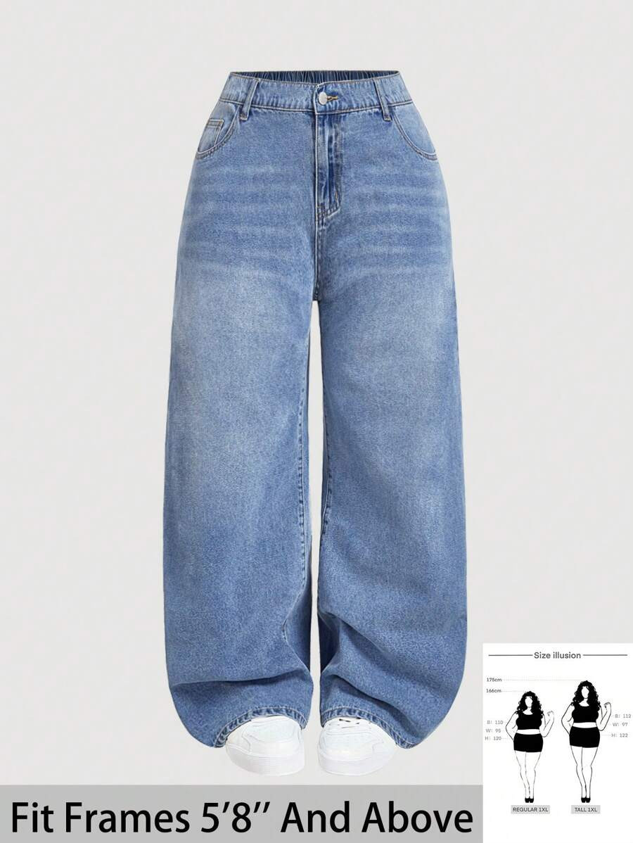SHEIN Tall CURVE Women Plus Size Casual Basic Blue Denim Loose Fit Pants Summer, Vacation Woman, ... | SHEIN