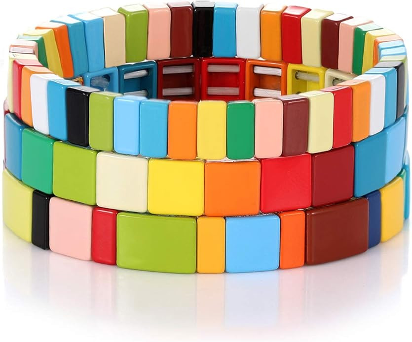 NVENF Tile Bracelets Enamel Rainbow Tile Bead Bracelets Colorblock Stackable Stretch Bracelets Bo... | Amazon (US)