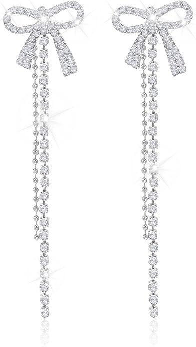 Silver Bow Earrings for Women Trendy Silver Dangle Earrings Rhinestone Dress Christmas Teen Girl ... | Amazon (US)