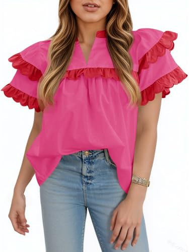 Tankaneo Womens Ruffle Sleeve Babydoll Tops Color Block Summer V Neck Pleated Blouse Dressy Casual Loose Fit Shirts Pink | Amazon (US)