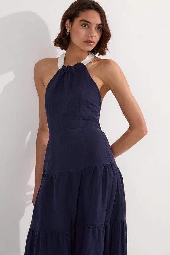 Linen Viscose Colour Block Woven Tiered Halter Maxi Dress | Karen Millen UK + IE + DE + NL