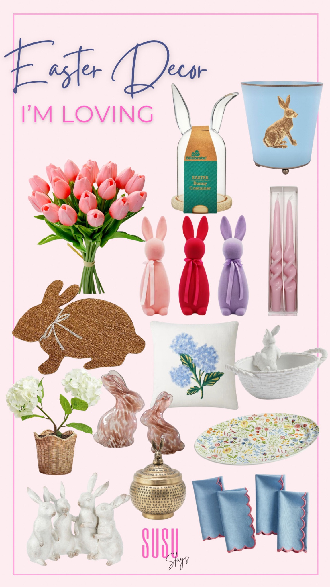 2024 is flying by! Can you believe it is already time to start shopping for Easter decor?! 

Flocked rabbits, fake tulips, bunny doormat, floral serving tray, unique candlesticks, scalloped napkins, antique style decor

#LTKparties #LTKhome #LTKSeasonal