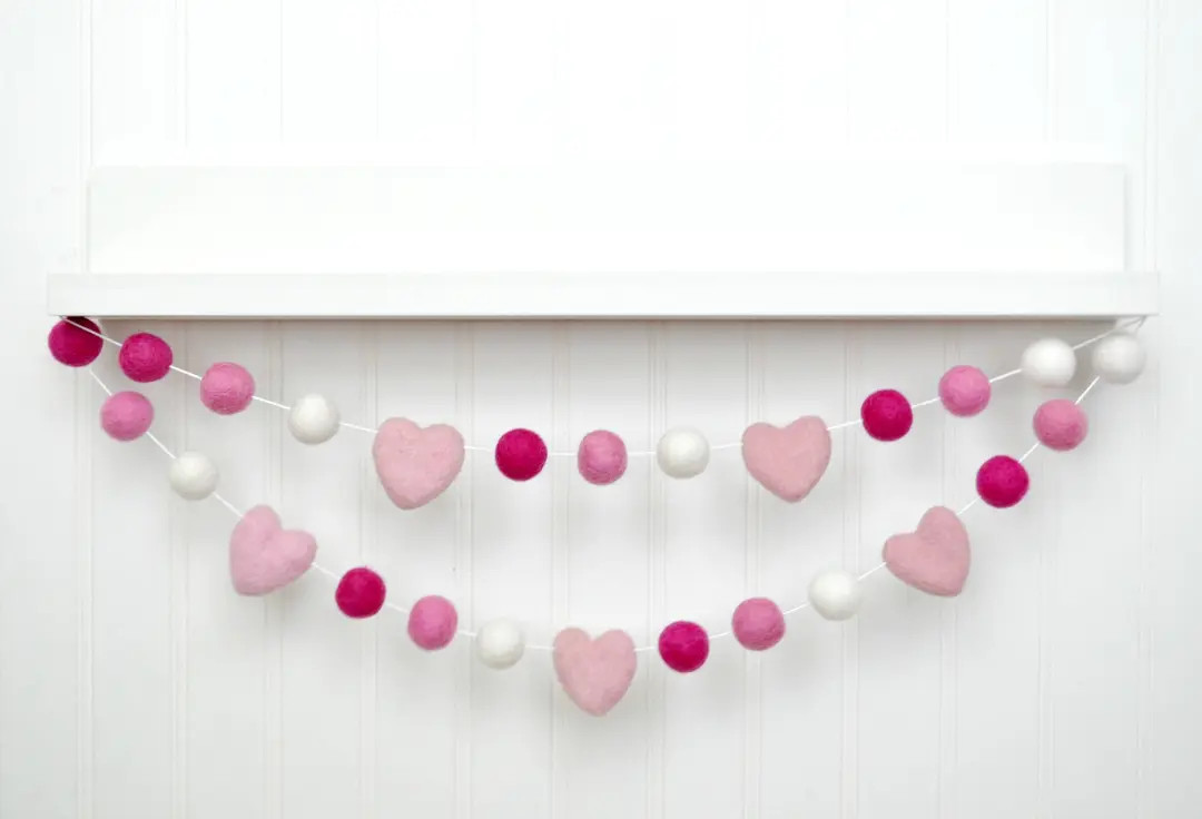 Felt Heart Bunting - Pink Felt Ball Garland - Valentines Day Decoration - Pom Pom Banner | Etsy (US)