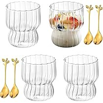 Aemygo 4 Pcs Ribbed Drinking Glasses, 10 Oz Ripple Glass Cups with Stirring Spoon Vintage Fluted ... | Amazon (US)