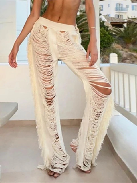 High Quality Chic Tassel Knitted Women Y2K Straight Pants Patchwork Hollow Ripped Trend Middle Wa... | AliExpress (US)