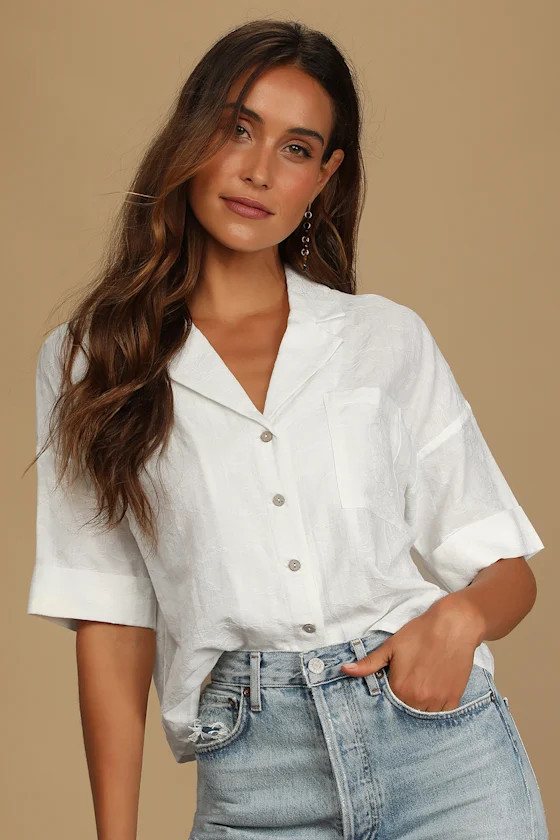 Darling White Floral Embroidered Short Sleeve Button-Up Top | Lulus (US)