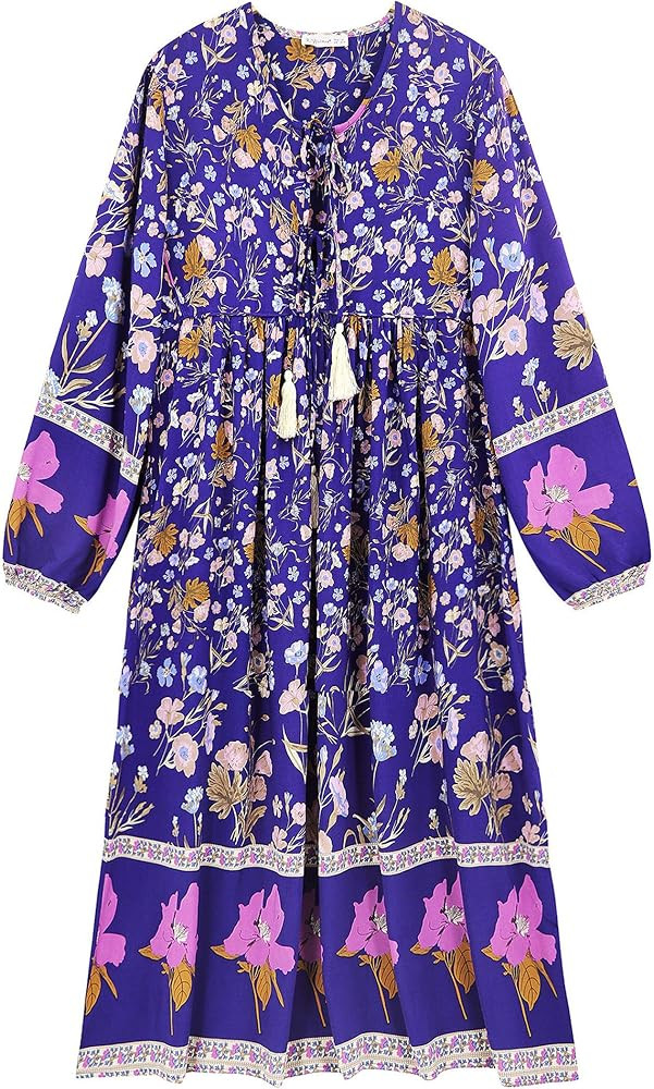 R.Vivimos Women's Long Sleeve Floral Print Retro V Neck Tassel Bohemian Midi Dresses | Amazon (US)